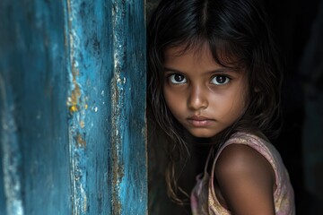 Fototapeta premium Girl Peeking from Blue Door