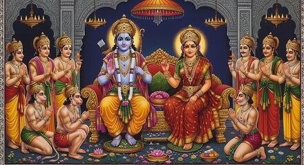 Fototapeta premium Intricate depiction of Rama and Sita enthroned with devotees in a divine court