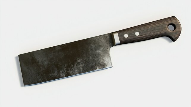 a sharp cleaver with a rectangular stainless steel blade and a dark wooden handle, laid flat, isolated on a transparent background.