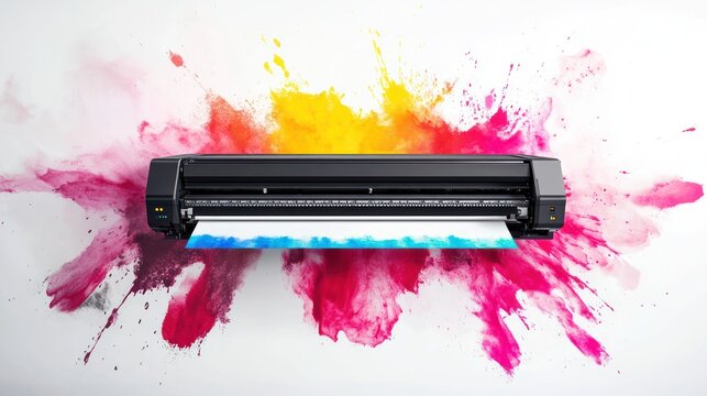 Large format printer printing vibrant colors on a sheet of paper.