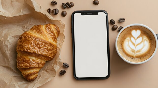 Morning Cafe Delight: A perfect start to the day, showcasing a mouthwatering croissant next to a smartphone with a blank screen, a cup of latte.