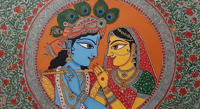Naklejki Enchanting rendition of divine love between Radha and Krishna in folk art style
