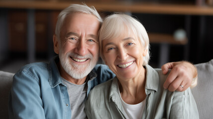 Cheerful senior couple sitting on a comfortable sofa, embracing each other and smiling joyfully, radiating love and happiness together