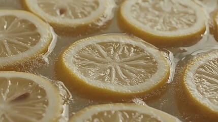 Close up of lemonade glass with floating lemon slices and ice cubes