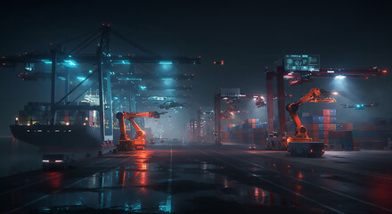 Night scene of a cargo ship and robotic cranes at a port illuminated by neon lights and reflections