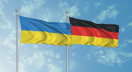 National Flags of Ukraine and Germany Flying Side by Side Against a Clear Blue Sky