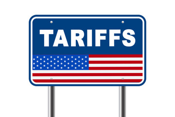 US Trade policy. American tariffs and US government import taxation. Road sign traffic with the slogan Tariffs and USA flag