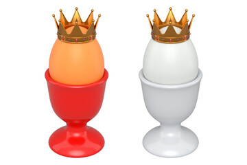 Elegant eggs adorned with golden crowns with red gemstones in ceramic egg cups, isolated on white transparent background. Concept of wealth, luxury, and exclusivity
