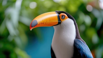 Naklejka premium Close-up of a toucan with vibrant colors. A striking bird with a large, bright orange beak. Set against a backdrop of lush green foliage and a teal background