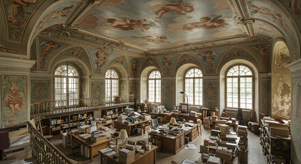 Grand Historical Hall With Ceiling Paintings and Cluttered Workspaces