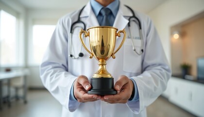 Doctor in white coat holds gold trophy. Symbol of medical achievement excellence in healthcare. Success recognition in medicine profession. Professional winner award celebrating victory.