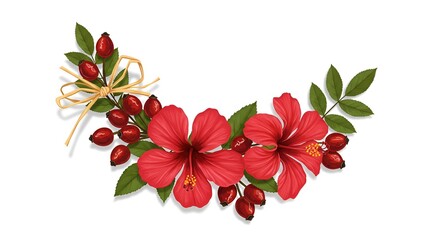 Hibiscus and rosehip composition with leaves and bow on white background
