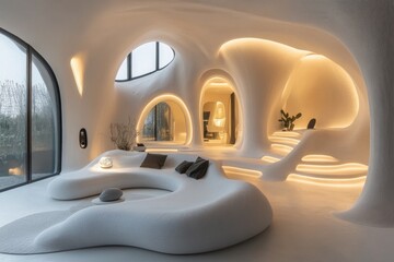 White futuristic interior of curved minimal house with soft lighting
