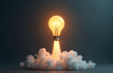 Creative light bulb rocket takes off from clouds on dark background. Concept of successful start up launch. Smart ideas, creative thinking in business. Innovation, progress in tech.