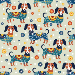 colored dog on a light background in an ornament . seamless pattern