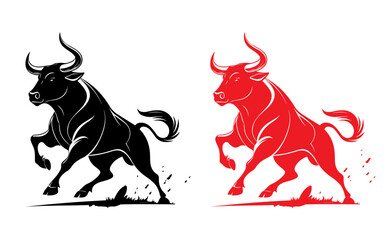 Obraz premium Charging Bull Mascot Logo – Red & Black Vector for Sports, Gym & Market Branding