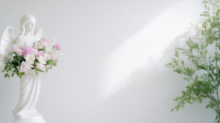 A white angel statue, holding a bouquet of pink and white flowers, is the focal point. A leafy green plant is positioned to the right. The image is well-lit, high-resolution, and features a minimalis