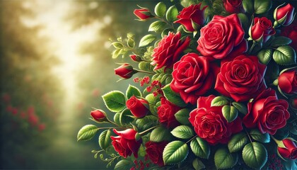 Elegant Red Roses Bouquet with Soft Garden Background – Romantic Floral Composition with Copy Space for Design and Advertising
