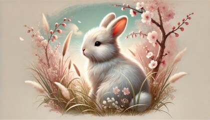 Adorable Bunny Illustration in Japanese Style – Soft Pastel Digital Art for Children’s Books, Decor, and Storytelling