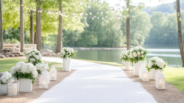 A white aisle runner leads to a lakeside wedding ceremony. White hydrangeas in white containers line the path, flanked by white lanterns. The setting is outdoors, with a serene lake and lush green tr