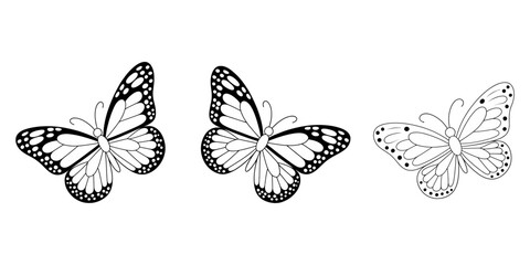 Butterflies silhouette black background on white Background, Set of butterflies of different colors and shapes isolated on  white background. Beautiful flying insects. Vector illustration in cartoon.
