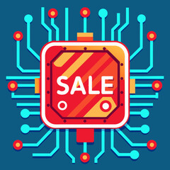 Sale icon on a red background featuring a circuit board design, symbolizing technology and discounts.