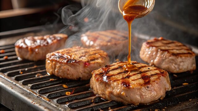 Sizzling interaction of flame and flavor as bifanas absorb rich marinade near an open grill
