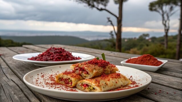 Delicious plates of b rek adorned with tangy sumac, set against a breathtaking outdoor backdrop