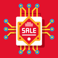Sale icon on a red background featuring a circuit board design, symbolizing technology and discounts.