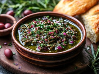 Vibrant Homemade Pesto Sauce with Fresh Herbs and Garlic Served with Warm Bread on a Rustic Wooden Table for a Healthy Meal Experience