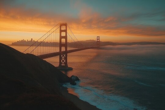 Golden Gate Bridge at sunset with soft sky and calm ocean waves