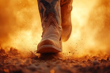 Close up of cowboy boots on dusty ground with dramatic lighting