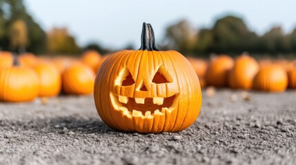 A carved Halloween pumpkin with a jack-o-lantern face sits in the foreground. Many other pumpkins blur in the background, creating depth. The image is high-quality with natural outdoor lighting. The