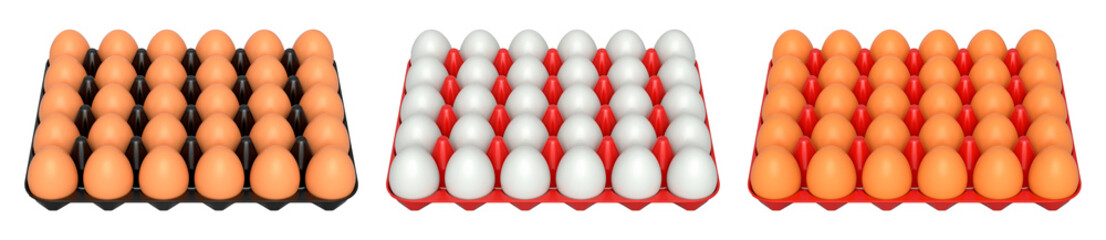 Plastic trays filled with neatly stacked brown and white eggs, isolated on white transparent background. Concept of egg variety and food industry