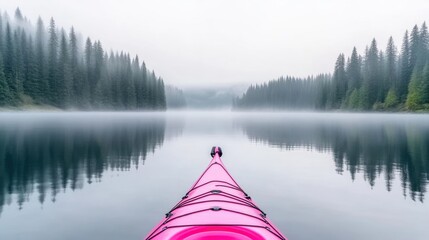 Pink Kayak Serene Lake Misty Forest, High-Definition Sharp Focus, First-Person View, Reflective Water, Peaceful Solo Journey, Foggy Mountain Scenery, Cool Calming Hues, Ideal for Travel Blogs