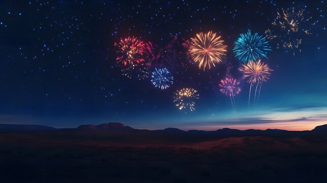 A quiet desert landscape at night with fireworks lighting up the sky in vibrant colors