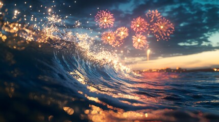 A wide view of the desert with fireworks exploding above the sand dunes