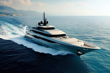 Luxury yacht gliding smoothly over the calm azure waters near coastal landscape