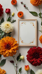 Autumnal floral arrangement featuring dahlias sunflowers and a delicate watercolor frame soft