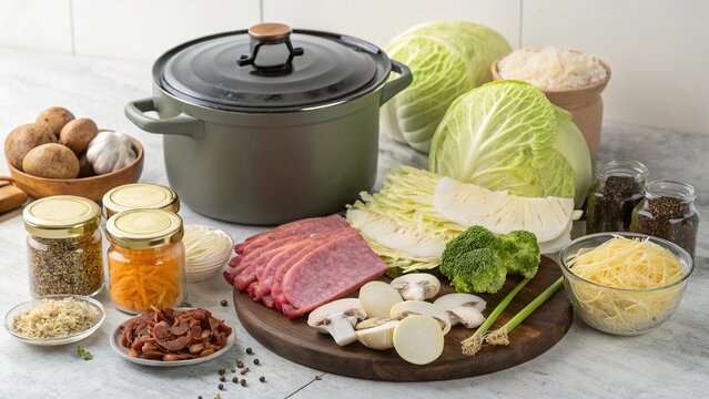 Colorful ingredients laid out for a delightful bigus dish preparation in a cozy kitchen setting