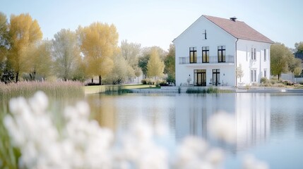 Lakeside White House Autumn Trees Modern Architectural Style High-resolution Bright Sunlight Wide Landscape View Reflective Water Peaceful Serenity Ideal for Real Estate Marketing