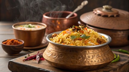 Delicious traditional biryani in a beautifully crafted copper handi served with raita and spicy condiments