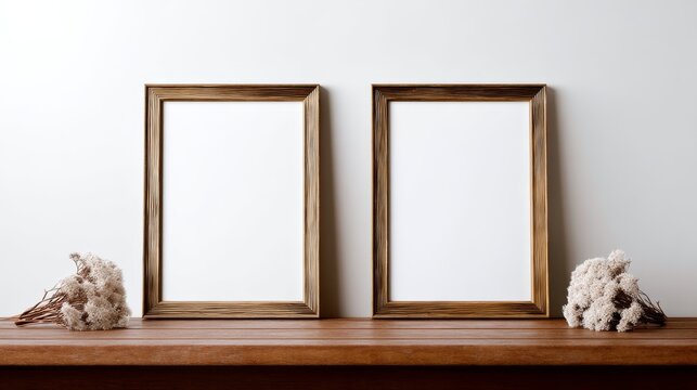 Two blank picture frames in cozy minimal interior