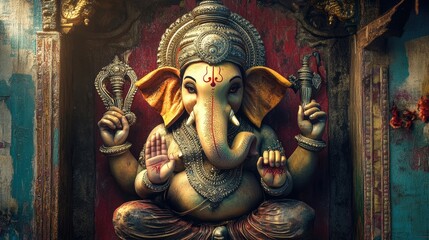 Fototapeta premium A vibrant Ganesha mural captured in natural light