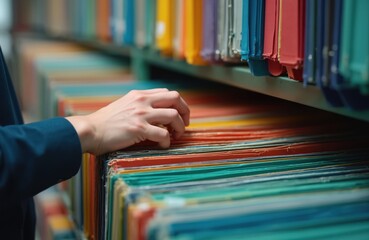 Person sorts documents on archive shelf. Hand near colorful folders, paperwork storage, administrative system. Close up shot of work with documents. File management.