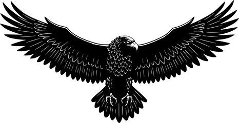 Obraz premium Eagle in flight, majestic spread wings, black and white illustration, sharp beak, powerful talons, detailed feathers, bold contrast, dynamic pose, tribal art style, silhouette effect, 