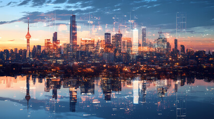 Fototapeta premium A parallel universe city overlaying a real-world urban environment, visible through glowing glitches. Phantom Horizon. Illustration