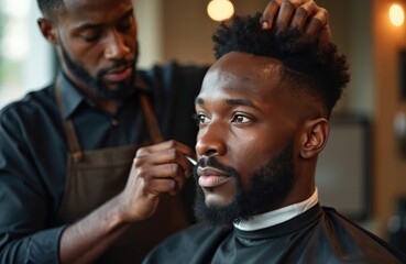 Black man in barber shop. Skilled barber giving stylish haircut. Male client gets grooming service. Hairdresser does beard trim with pro care. Modern barbering, trendy style.