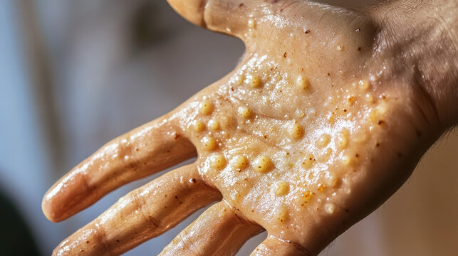Close-up of a man's injured palm showing swollen blisters and burn marks caused by boiling oil, highlighting skin damage and texture in sharp detail.