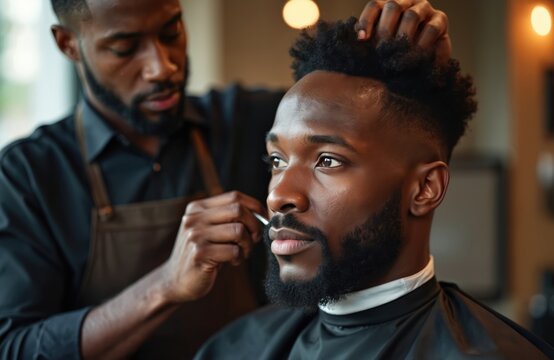 Black man in barber shop. Skilled barber giving stylish haircut. Male client gets grooming service. Hairdresser does beard trim with pro care. Modern barbering, trendy style.